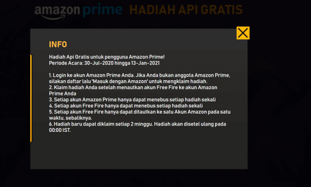 dapat hadiah Garena Free Fire Prime Gratis