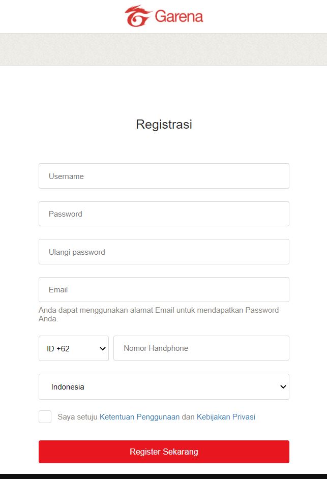 registtrasi akun garena